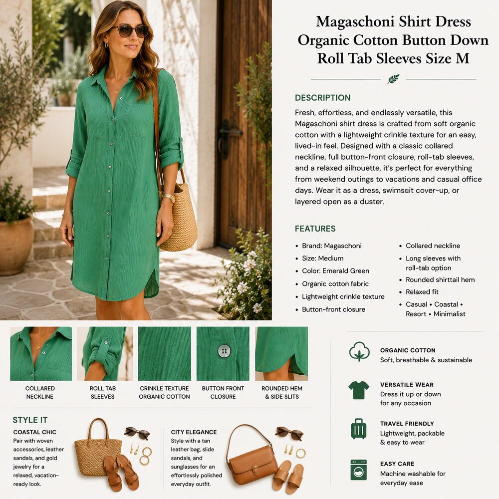 Magaschoni Emerald Green Organic Cotton Shirt Dress